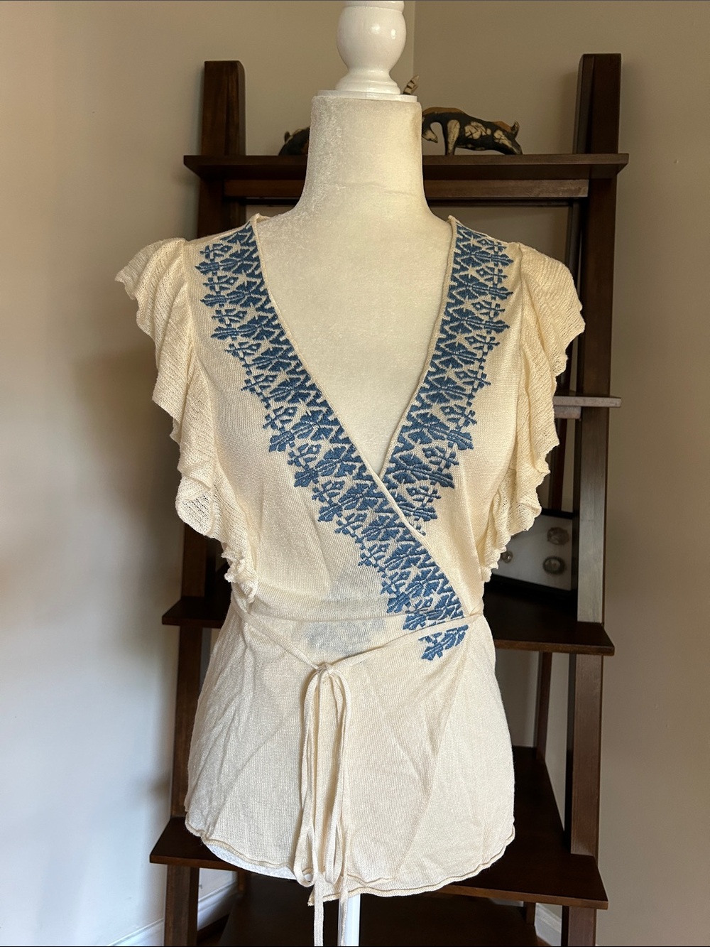 Banana Republic Linen Blend Cream Wrap Blouse with Blue Embroidery - See Notes